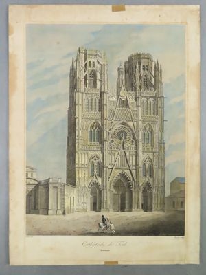an old drawing of a cathedral with a man on a horse in front of it
