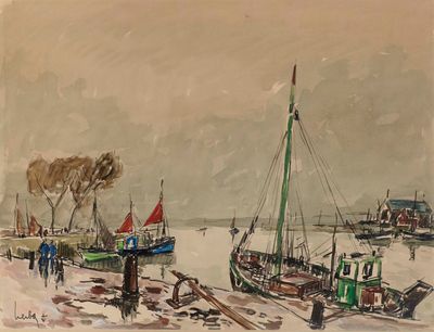 une peinture représentant un bateau sur l'eau, avec des passants qui défilent à côté