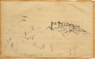 un vieux dessin représentant un château sur une colline, survolé par un oiseau