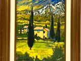 une image d'une peinture représentant une maison et des arbres dans un champ