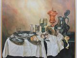 a painting of a painting of a table with food and utensils on it