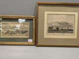 deux reproductions encadrées représentant une vue d'une ville et d'une rivière