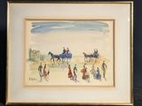 peinture d'un groupe de personnes à cheval sur une plage