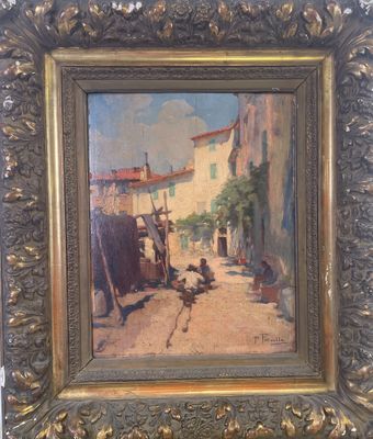 an image of a painting of a street scene with a horse and a cart