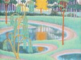 un tableau représentant un jardin avec un étang au milieu