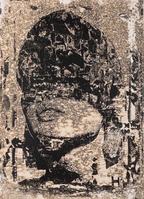 black and white photograph of a man ' s head in a stone slab