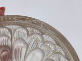 a person holding a glass bowl with a flower design on it