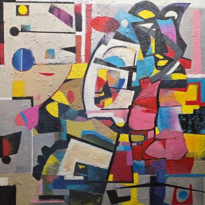 peinture abstraite représentant une femme avec un chat et un chien