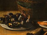 a painting of a plate of food and a glass of wine