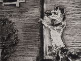 a drawing of a cat that is standing on a step