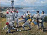 affiche représentant un groupe d'hommes jouant au baseball sur un terrain