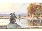 une peinture représentant une statue au milieu d'un lac