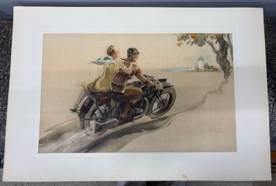 un tableau représentant un homme à moto avec une femme à l'arrière