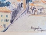 drawing of a train traveling down tracks next to buildings and trees