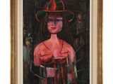 un tableau représentant une femme portant un chapeau et une robe rouge