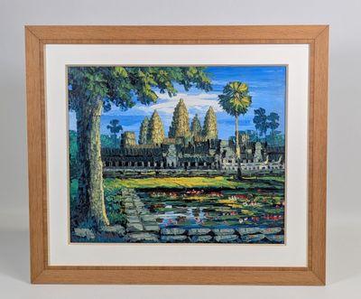 une peinture représentant une image d'un temple avec un étang devant