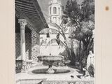 une vieille photo représentant une fontaine dans une cour, avec une tour horloge en arrière-plan
