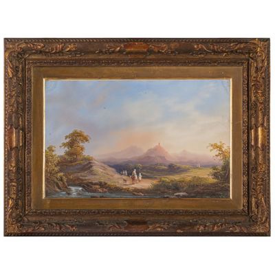 PEINTRE DU 19ÈME SIÈCLE Paysage fluvial avec paysans