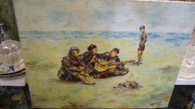 un tableau représentant un groupe de personnes assises sur une plage