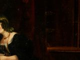 a painting of a woman reading a book in a dark room