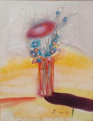 une peinture de fleurs dans un vase sur une table