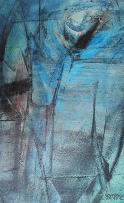 tableau représentant un homme vêtu d'une chemise bleue et d'un chapeau, debout devant un fond bleu