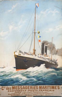 tableau représentant un grand navire en mer d'où s'échappe de la fumée