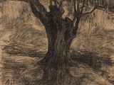 drawing of a tree in a field with a bridge in the background