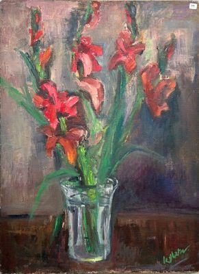 a painting of flowers in a glass vase on a table