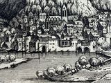 drawing of a castle on a mountain with a river in the foreground