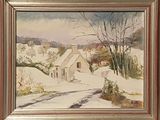 une peinture à l'huile représentant un paysage champêtre enneigé avec une maison blanche