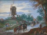 un tableau représentant un groupe de personnes à cheval sur une route