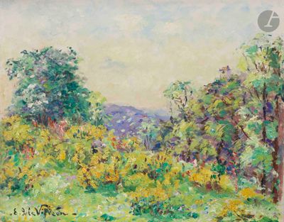 a painting of a field with trees and flowers in the foreground