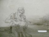 a drawing of a woman sitting on a rock with a dog