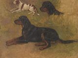 painting of two dogs laying down in a grassy field with a dog running behind them