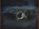 une peinture à l'huile représentant un chien allongé par terre, la tête dans l'eau