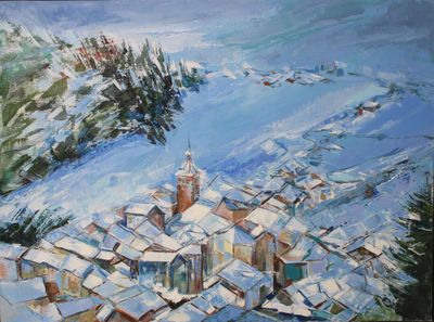 painting of a village in the snow with a church steeple in the background