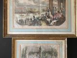two framed pictures of a painting of people on a bridge