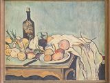 a painting of a still life with fruit and a bottle of wine
