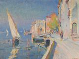 une peinture représentant des bateaux sur l'eau près d'un bâtiment
