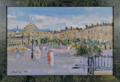 un tableau représentant des personnes se promenant sur une place de la ville