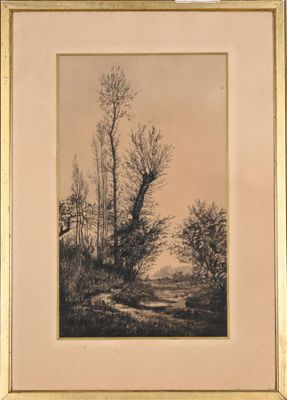 painting of a landscape with trees and a road in the foreground