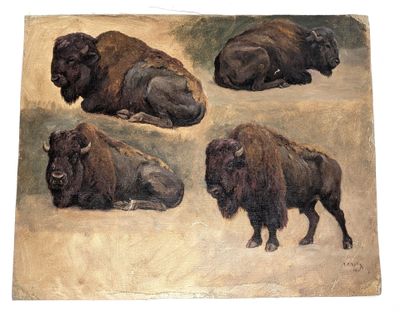 painting of four bison laying down on the ground in a field