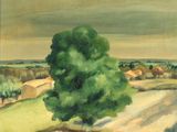 l'image d'un tableau représentant un arbre au milieu d'un champ