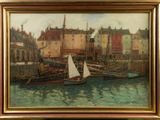 a painting of boats in a harbor with buildings in the background