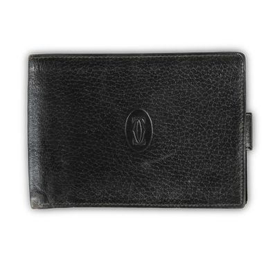 a black leather business card case on a white background