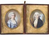 deux portraits miniatures représentant un homme et une femme, dans un étui en cuir