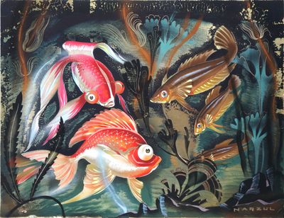 tableau représentant un groupe de poissons nageant dans un étang