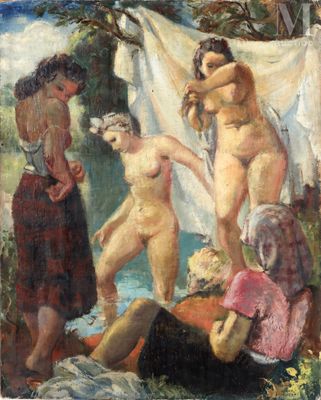 an image of a painting of a group of nudes hanging out to dry