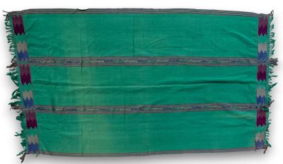 a green and purple blanket with fringes on a white background